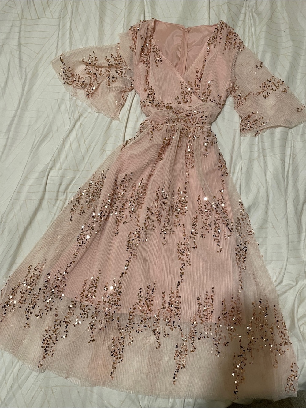 Blush Pink Sequin Midi Dress with V-Neck and Tie Waist